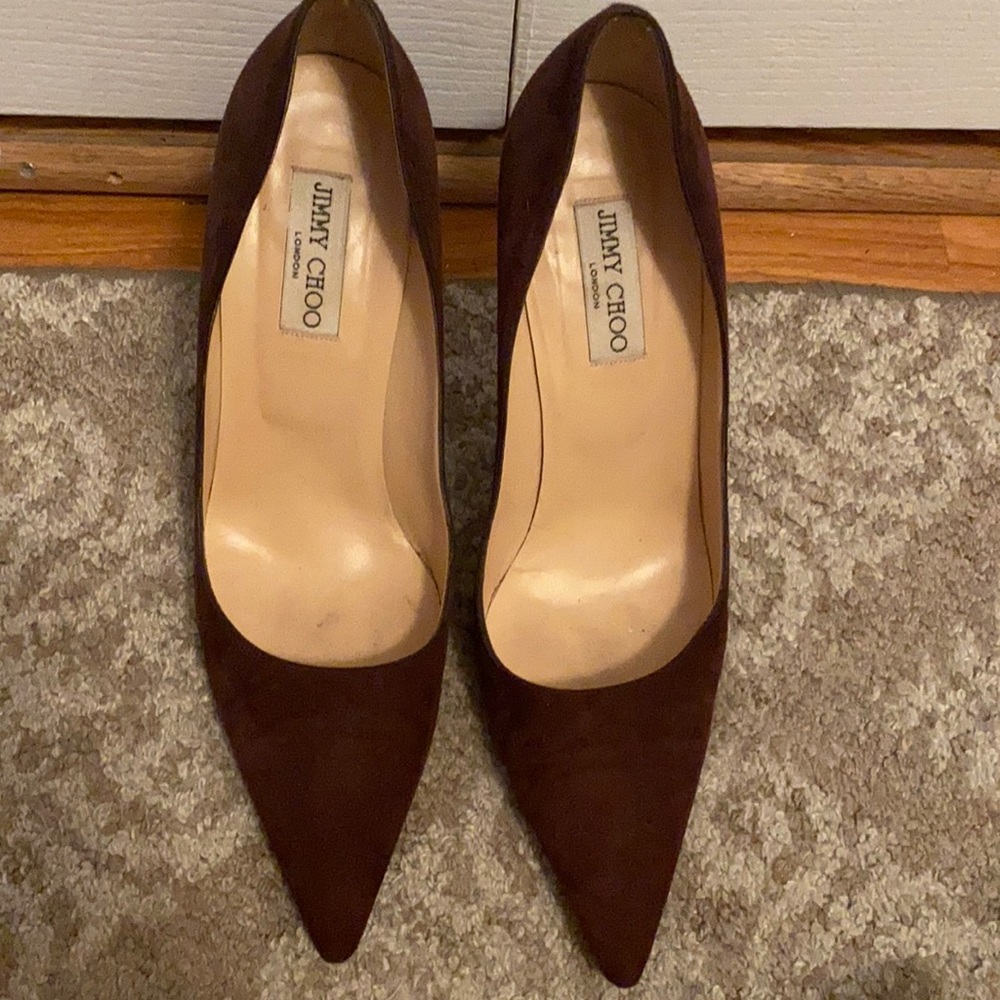 Authentic Jimmy Choo suede Brown pointed pumps Real Leather Euro Size 41